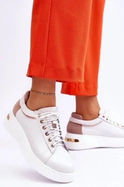 Damskie Boto Damskie Skórzane Buty Sportowe Na Platformie Białe Caressa