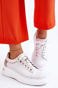 Damskie Boto Damskie Skórzane Buty Sportowe Na Platformie Białe Caressa