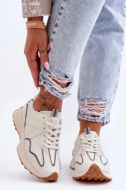 Best Boto Damskie Skórzane Buty Sportowe Beżowe Faro