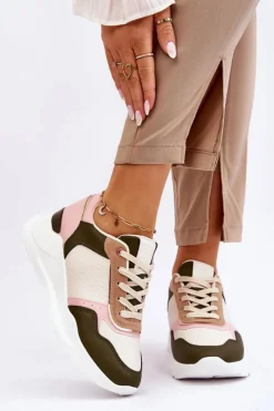 Outlet Boto Damskie Skórzane Buty Sportowe Na Platformie Beżowo-Różowe Chaya