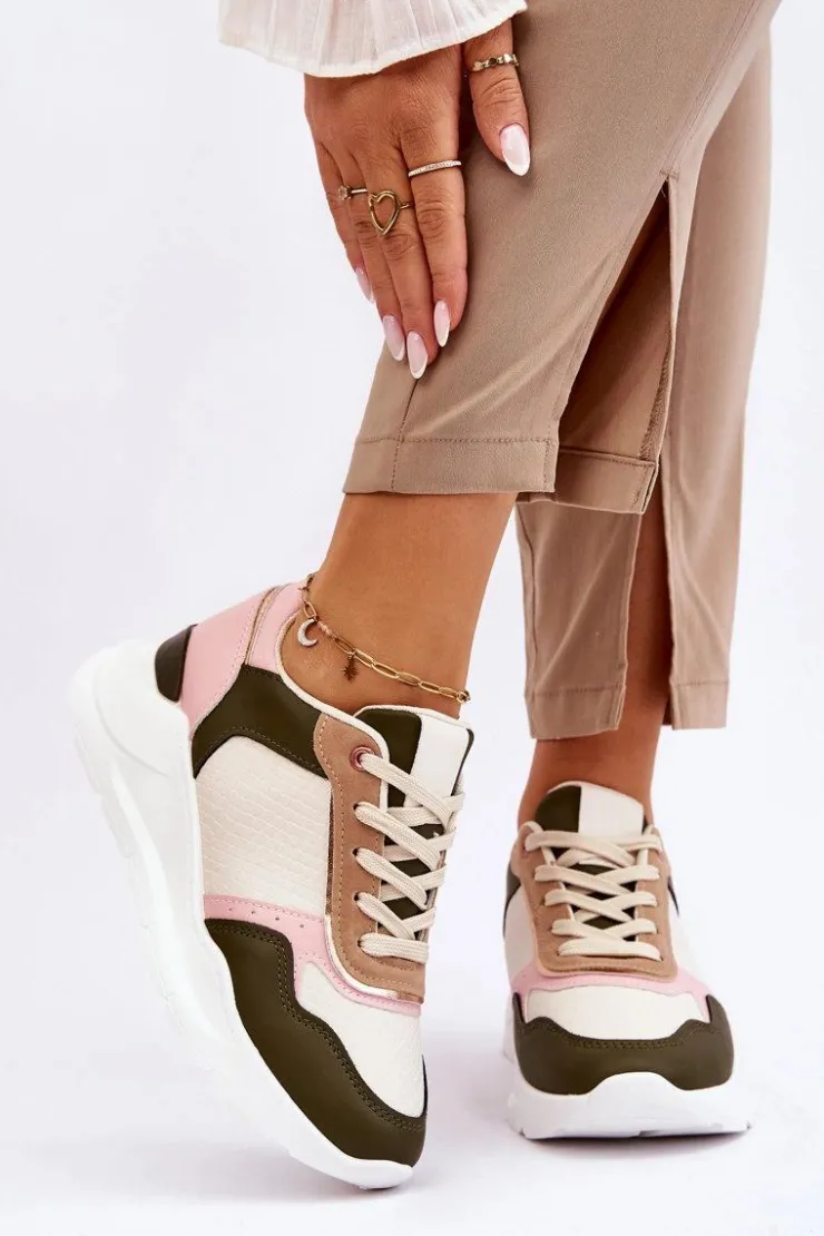 Outlet Boto Damskie Skórzane Buty Sportowe Na Platformie Beżowo-Różowe Chaya