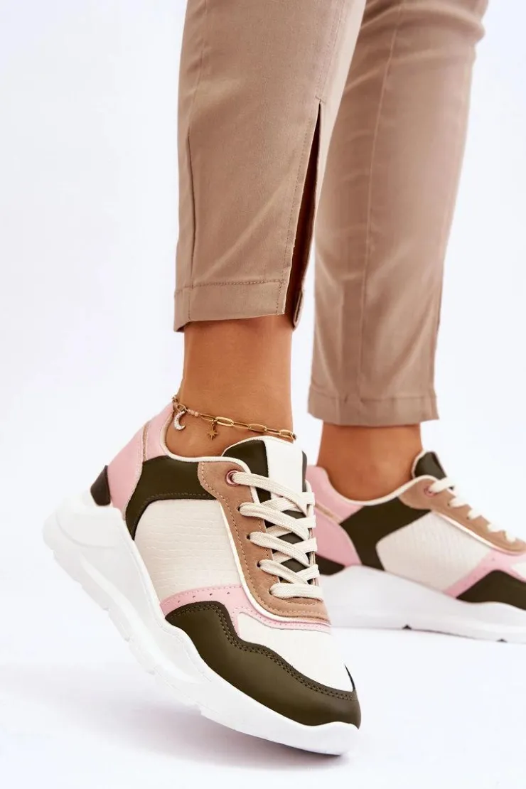 Outlet Boto Damskie Skórzane Buty Sportowe Na Platformie Beżowo-Różowe Chaya