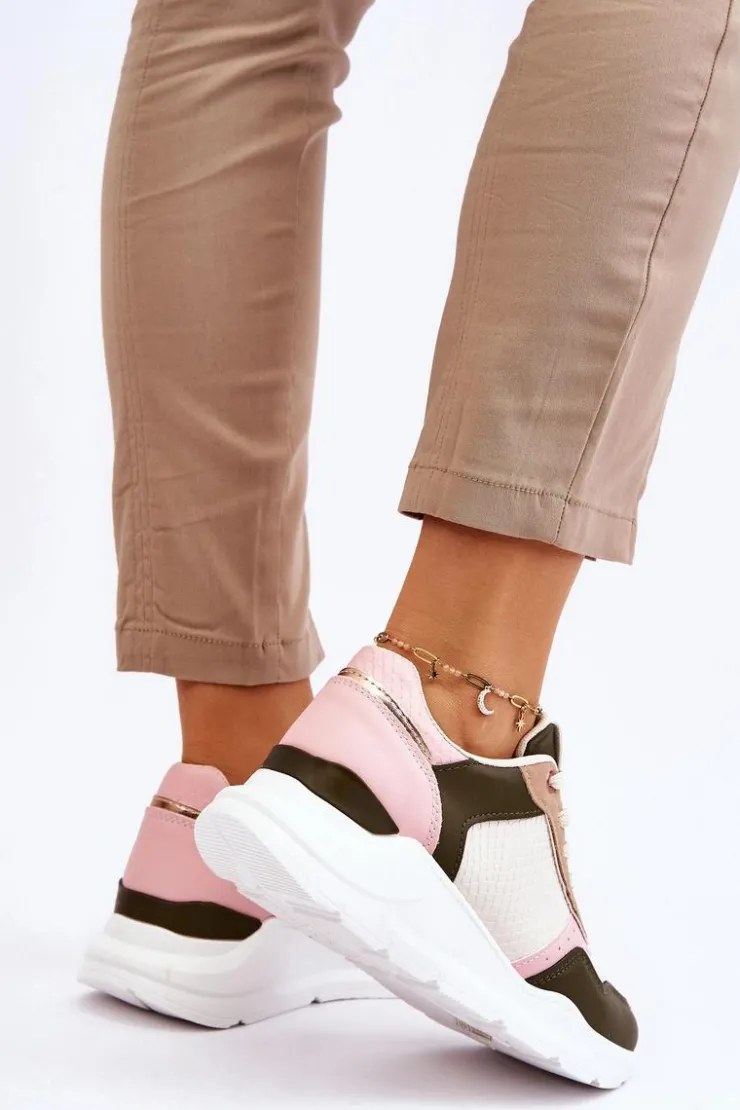 Outlet Boto Damskie Skórzane Buty Sportowe Na Platformie Beżowo-Różowe Chaya