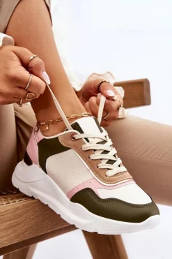 Outlet Boto Damskie Skórzane Buty Sportowe Na Platformie Beżowo-Różowe Chaya