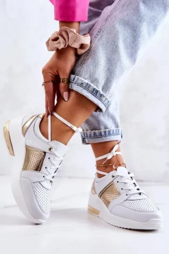 New Damskie buty S.Barski Damskie Skórzane Buty Sportowe Na Koturnie Białe Larson