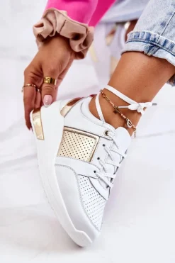 New Damskie buty S.Barski Damskie Skórzane Buty Sportowe Na Koturnie Białe Larson