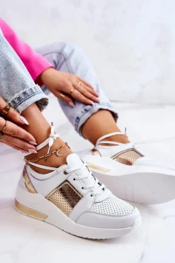 New Damskie buty S.Barski Damskie Skórzane Buty Sportowe Na Koturnie Białe Larson