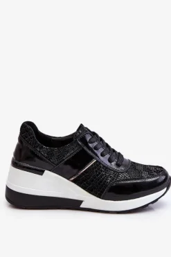 Damskie Damskie buty S.Barski Damskie Skórzane Buty Sportowe Na Koturnie Czarne Crosby