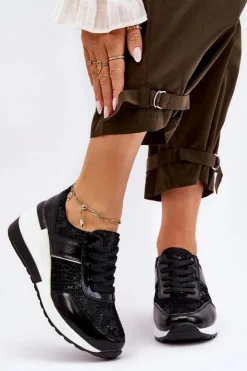 Damskie Damskie buty S.Barski Damskie Skórzane Buty Sportowe Na Koturnie Czarne Crosby