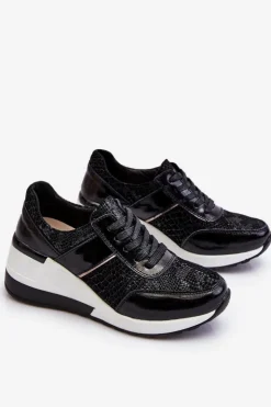 Damskie Damskie buty S.Barski Damskie Skórzane Buty Sportowe Na Koturnie Czarne Crosby