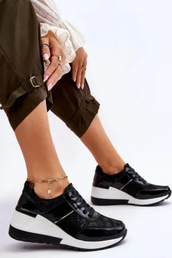 Damskie Damskie buty S.Barski Damskie Skórzane Buty Sportowe Na Koturnie Czarne Crosby