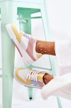 Boto Sneakersy Damskie*Damskie Skórzane Buty Sportowe Biało-Żólte Francis