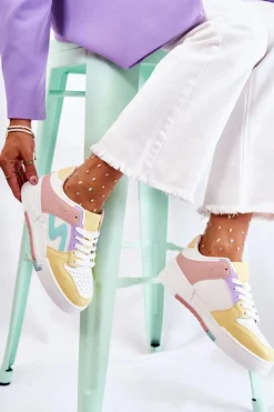 Boto Sneakersy Damskie*Damskie Skórzane Buty Sportowe Biało-Żólte Francis