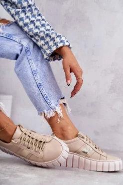 Boto Buty Sportowe Na Platformie*Damskie Skórzane Buty Sportowe Wiązane Beżowo-Złote Ariva