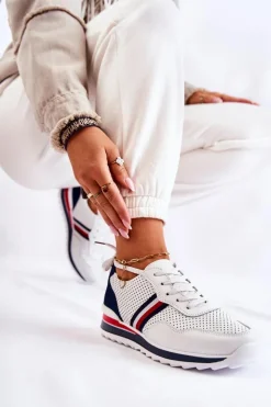 Damskie Evento Damskie Skórzane Buty Sportowe Biało-Granatowe Jane