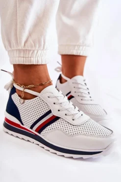 Damskie Evento Damskie Skórzane Buty Sportowe Biało-Granatowe Jane