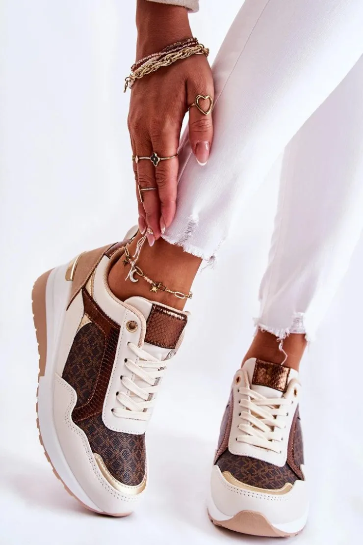 Boto Sneakersy Damskie*Damskie Skórzane Buty Sportowe Na Koturnie Biało-Brązowe Catrine