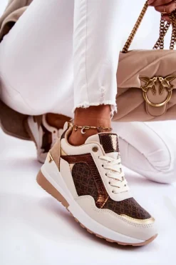 Boto Sneakersy Damskie*Damskie Skórzane Buty Sportowe Na Koturnie Biało-Brązowe Catrine