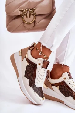 Boto Sneakersy Damskie*Damskie Skórzane Buty Sportowe Na Koturnie Biało-Brązowe Catrine