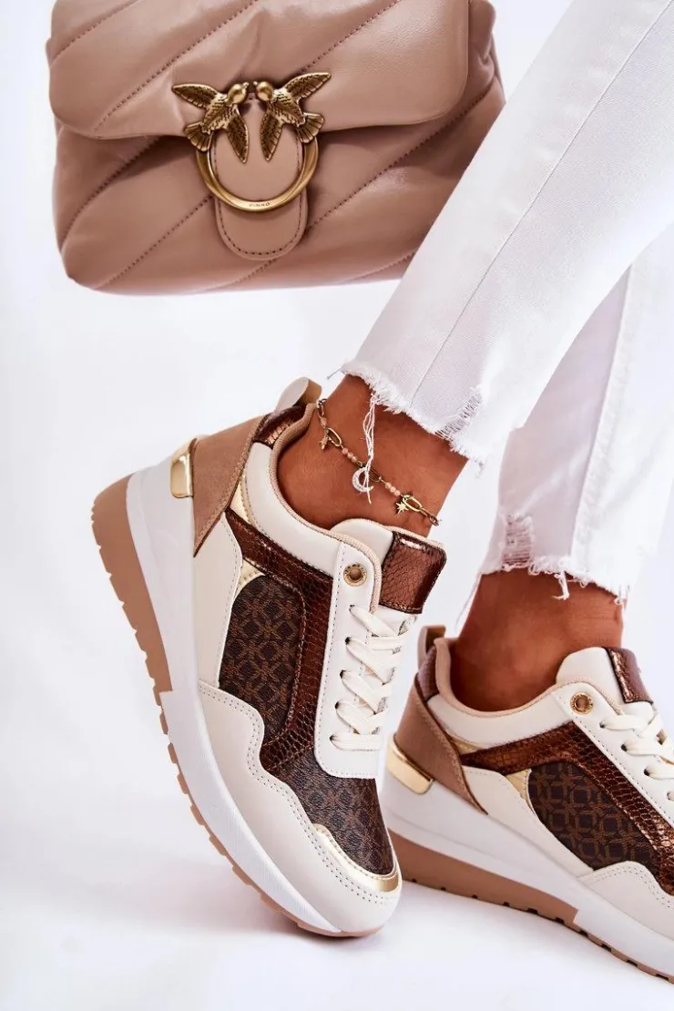 Boto Sneakersy Damskie*Damskie Skórzane Buty Sportowe Na Koturnie Biało-Brązowe Catrine