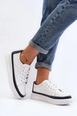 New Buty Sergio Leone Damskie Skórzane Buty Sportowe Sneakersy Biało-Granatowe Failla