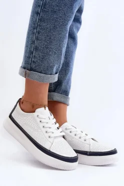 New Buty Sergio Leone Damskie Skórzane Buty Sportowe Sneakersy Biało-Granatowe Failla