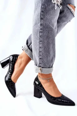 Damskie buty S.Barski Czółenka Na Słupku*Damskie Skórzane Czółenka Czarne Chay