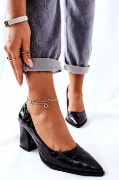 Damskie buty S.Barski Czółenka Na Słupku*Damskie Skórzane Czółenka Czarne Chay