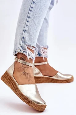 Boto Sandały Na Koturnie*Damskie Skórzane Espadryle Sandały Złote Moise