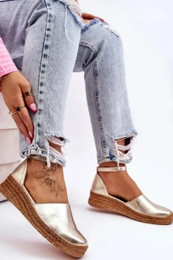 Boto Sandały Na Koturnie*Damskie Skórzane Espadryle Sandały Złote Moise