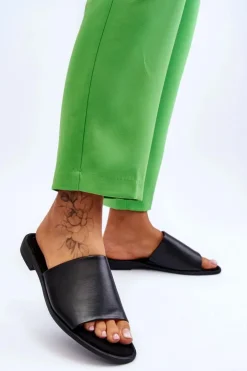 Damskie Evento Damskie Skórzane Gładkie Klapki Czarne Cerise