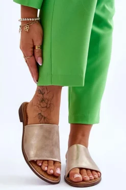 Evento Klapki Damskie Klasyczne*Damskie Skórzane Gładkie Klapki Złote Cerise