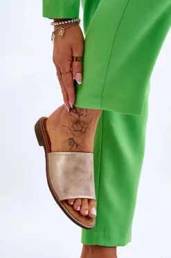 Evento Klapki Damskie Klasyczne*Damskie Skórzane Gładkie Klapki Złote Cerise