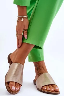 Evento Klapki Damskie Klasyczne*Damskie Skórzane Gładkie Klapki Złote Cerise