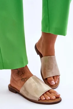 Evento Klapki Damskie Klasyczne*Damskie Skórzane Gładkie Klapki Złote Cerise