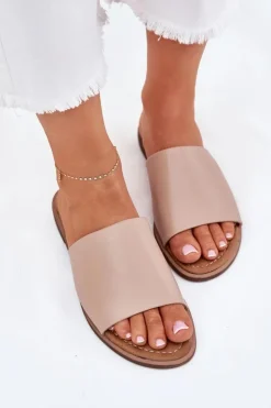 Damskie Evento Damskie Skórzane Gładkie Klapki Beżowe Cerise