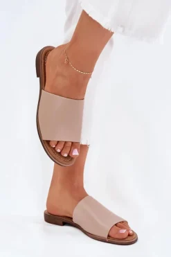 Damskie Evento Damskie Skórzane Gładkie Klapki Beżowe Cerise