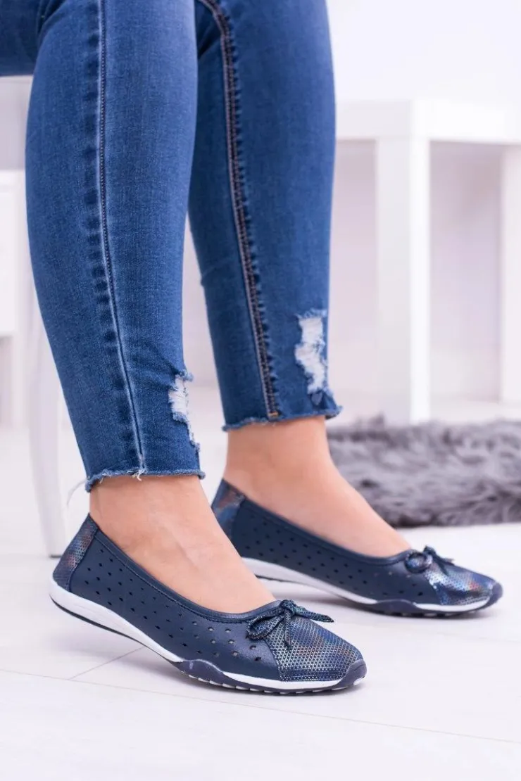 Boto Baleriny Skórzane|Baleriny Klasyczne*Damskie Skórzane Granatowe Ażurowe Balerinki Erdola