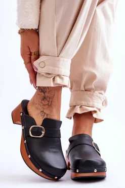 Damskie Boto Damskie Skórzane Klapki Chodaki Czarne Fanett