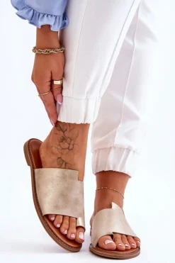 Sale Evento Damskie Skórzane Klapki Japonki Jasnozłote Amite Złoty