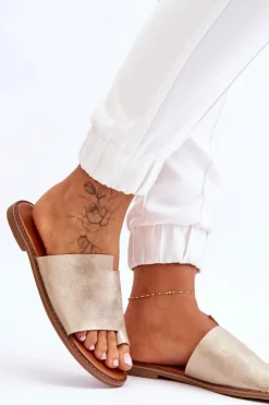 Sale Evento Damskie Skórzane Klapki Japonki Jasnozłote Amite Złoty