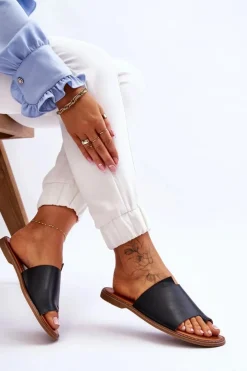 Damskie Evento Damskie Skórzane Klapki Japonki Czarne Amite