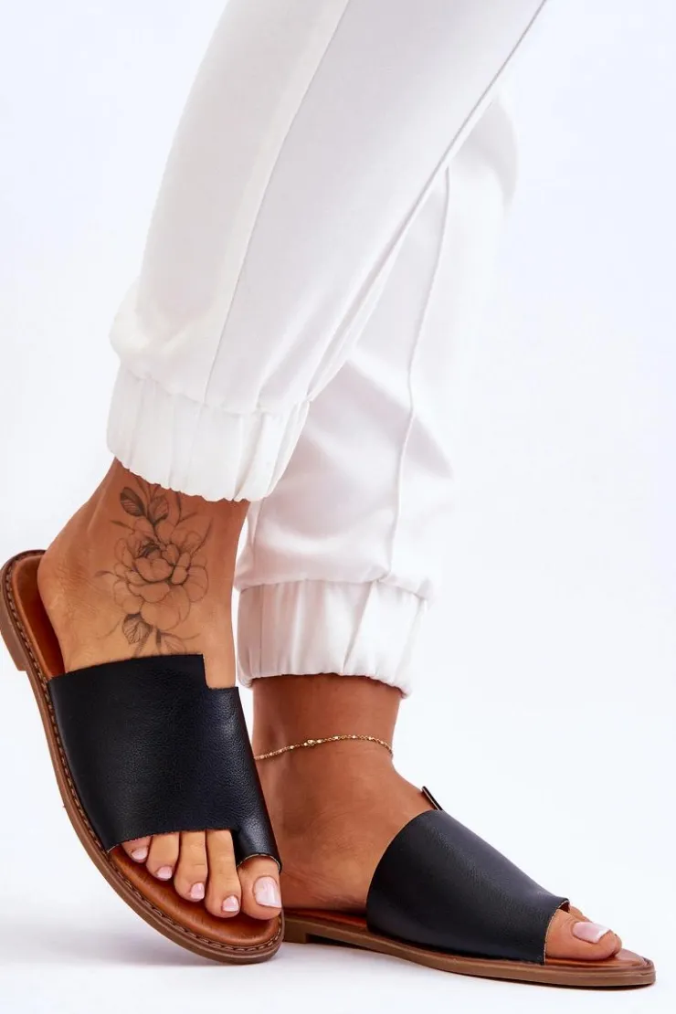 Damskie Evento Damskie Skórzane Klapki Japonki Czarne Amite