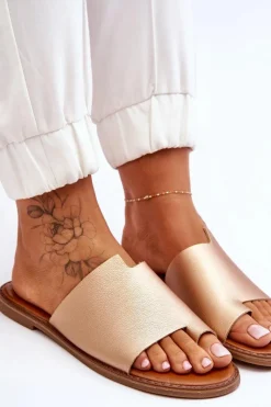 Evento Klapki Damskie Japonki*Damskie Skórzane Klapki Japonki Złote Amite Złoty