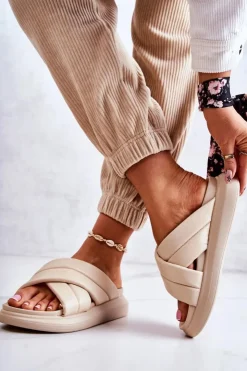 Boto Klapki Damskie Klasyczne*Damskie Skórzane Klapki La.Fi Beżowe Silla