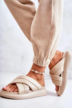 Boto Klapki Damskie Klasyczne*Damskie Skórzane Klapki La.Fi Beżowe Silla