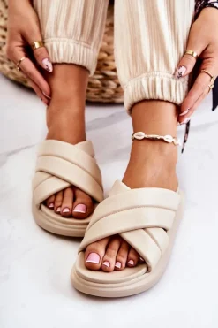 Boto Klapki Damskie Klasyczne*Damskie Skórzane Klapki La.Fi Beżowe Silla