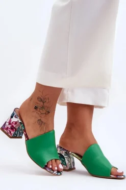 Sale Boto Damskie Skórzane Klapki Na Obcasie Lewski Shoes 3209/K Zielone