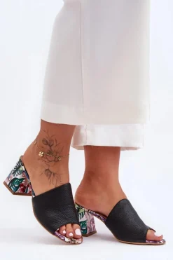 Damskie Boto Damskie Skórzane Klapki Na Obcasie Lewski Shoes 3209/K Czarne