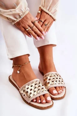 Damskie buty S.Barski Klapki Damskie Klasyczne*Damskie Skórzane Klapki Na Płaskim Obcasie Beżowe Hollis